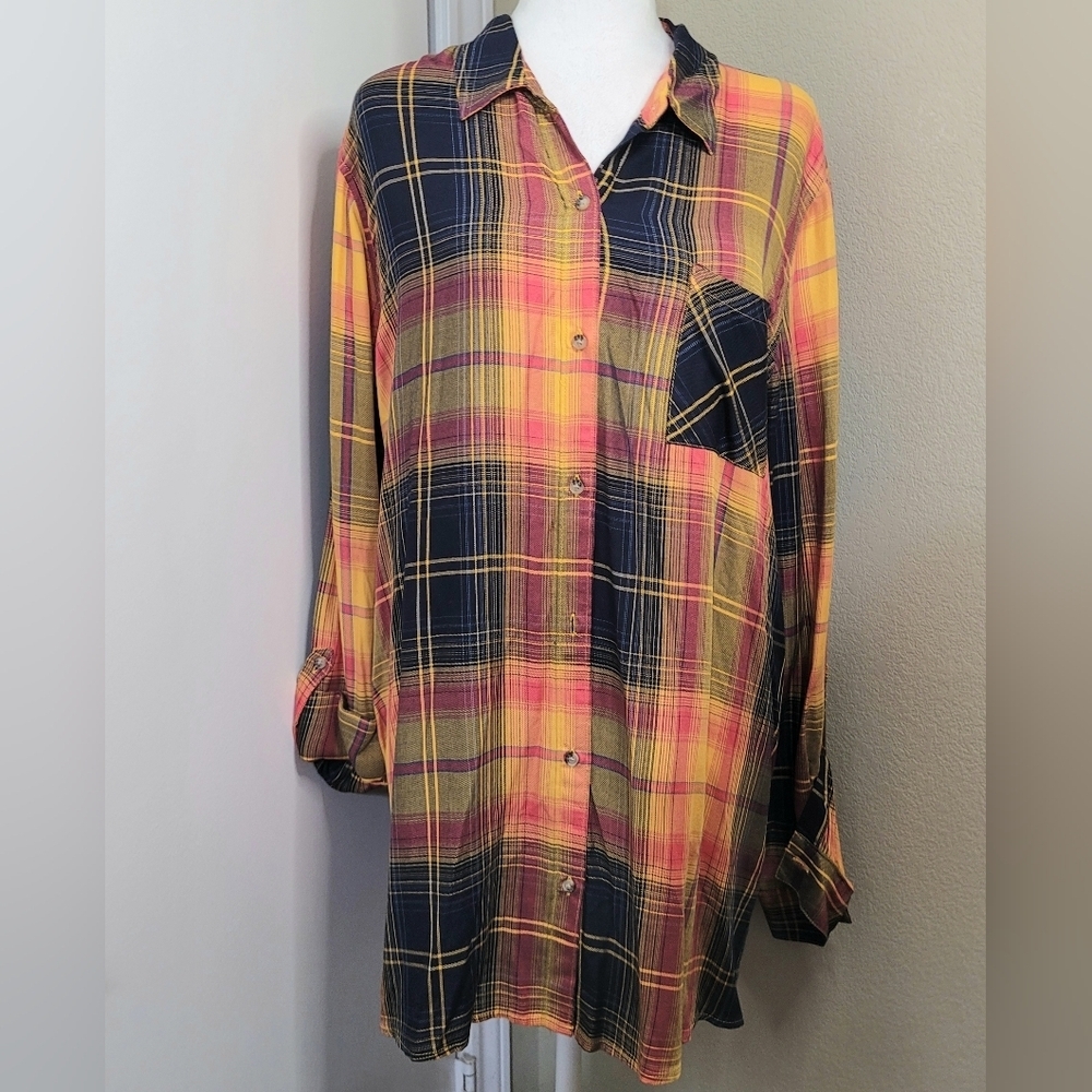 Cato Womens Roll tab sleeves Button down front Tunic Blouse Size XL